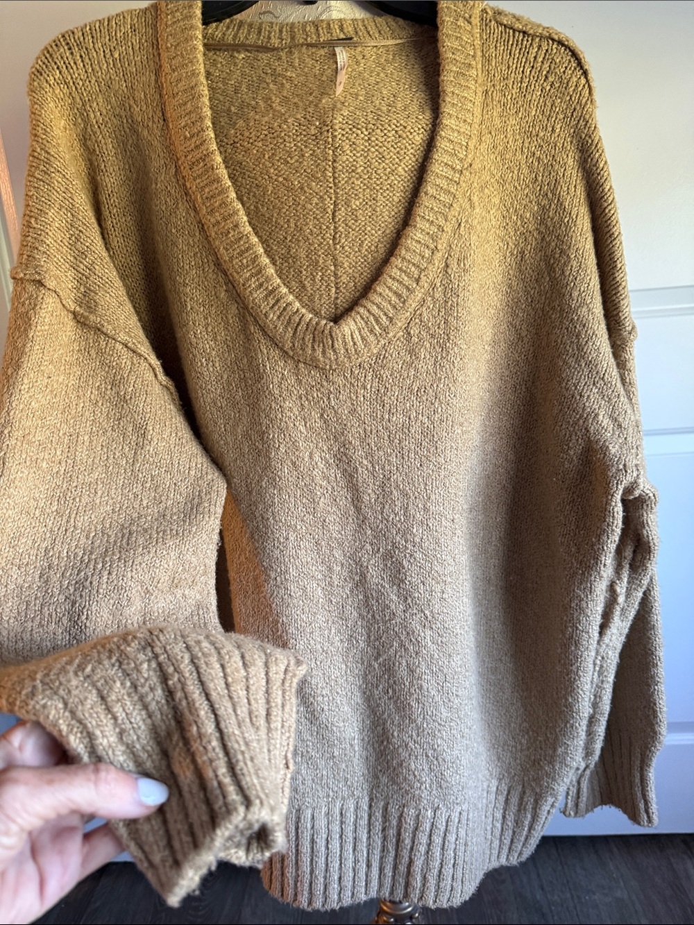 Free People Relaxed V-Neck Sweater in Camel/Tan